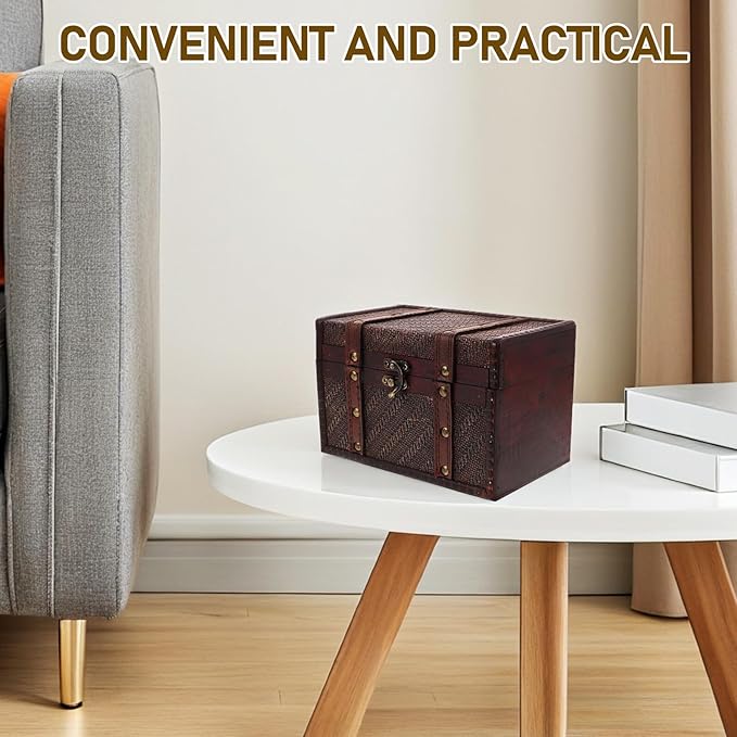 POPETPOP Wooden Jewelry Box with Woven Texture Vintage Keepsake Case Decorative Desktop Storage for Necklaces Bracelets Makeup Organizer Brown
