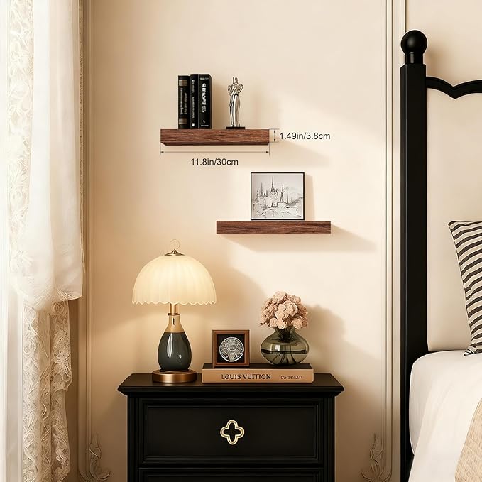 Floating Shelves for Wall, Bathroom Shelves Over Toilet, Wall Shelves & Book Shelf, Hanging Shelf, Modern Wooden Wall-Mounted Small Floating Shelves, 12x7x1.5 in (Walnut-Like, Set of 2)