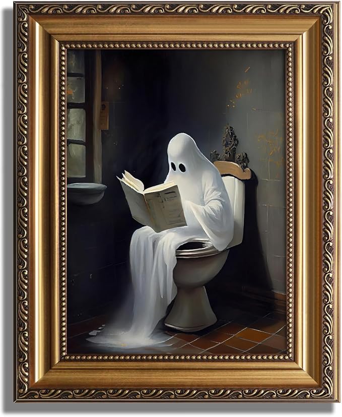 KBKBART Gold Framed Canvas Wall Art, Vintage Cute Ghost on Toilet Reading Books Gothic Aesthetic Posters, Spooky Dark Academia Room Decor, Ghost in Bathroom Horror Halloween Pictures, Bathroom Decor Wall Art(9"x12")
