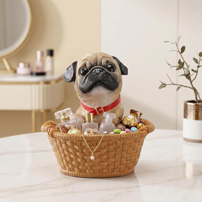 Dog Resin Storage Basket, Desktop Organizer for Remote & Keys, Cute Home Decor Tray, Ideal present for Pet Lovers.(Brown Pug)