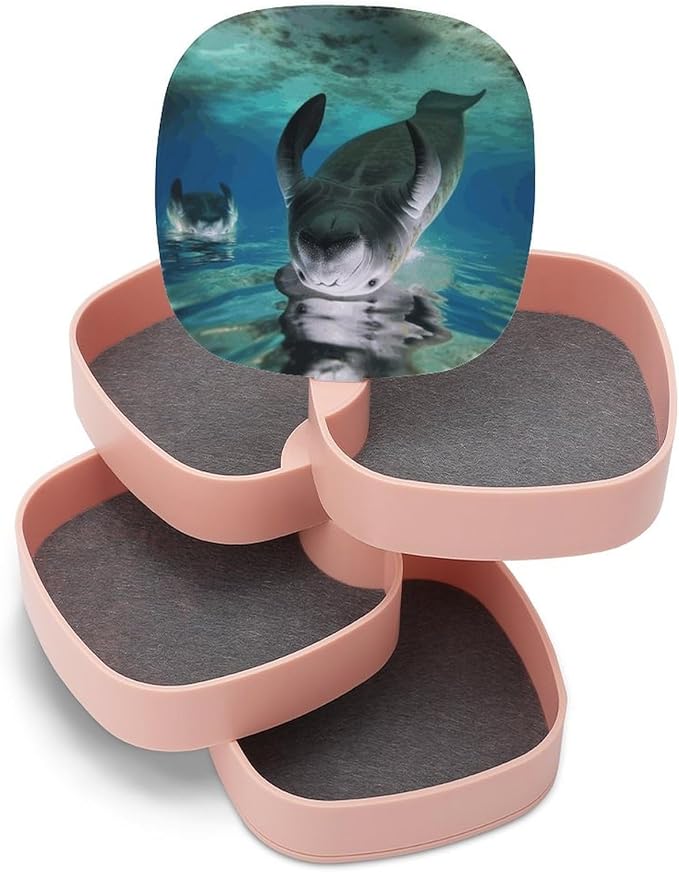Ocean Animal Manatee Jewelry Box 360°Rotating Storage Boxes Small Travel Earring Organizer with 4-Layers Rotatable Jewelry Storage Organizer for Ring Necklaces Makeup