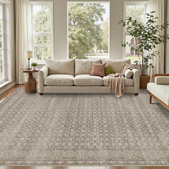 8x10 Washable Area Rug for Living Room, Extra Large Neutral Vintage Boho Rugs for Dining Room, Kids Room, Farmhouse, Durable Low Pile Non Slip Carpet for High Traffic Areas, Apricot
