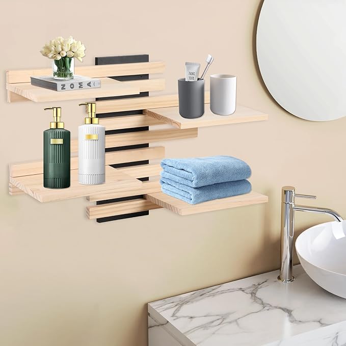 4-Tier Adjustable Wooden Floating Shelf Space-Saving Wall Mounted Shelf with Multiple Customizable Layouts Display Rack for Figurines Doll Small Plant Statue Wall Organizer for Living Room Bedroom