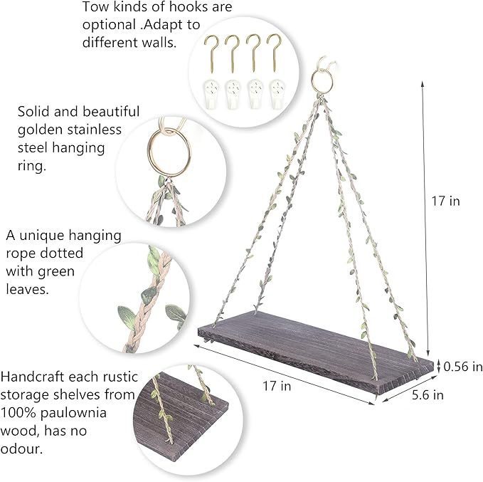 MITIME Hanging Shelves for Indoor Wall and Window - Floating Wall Shelves for Plant Display, Boho Style Home Decor.(Leaf Rope, Retro Color,Large*2)