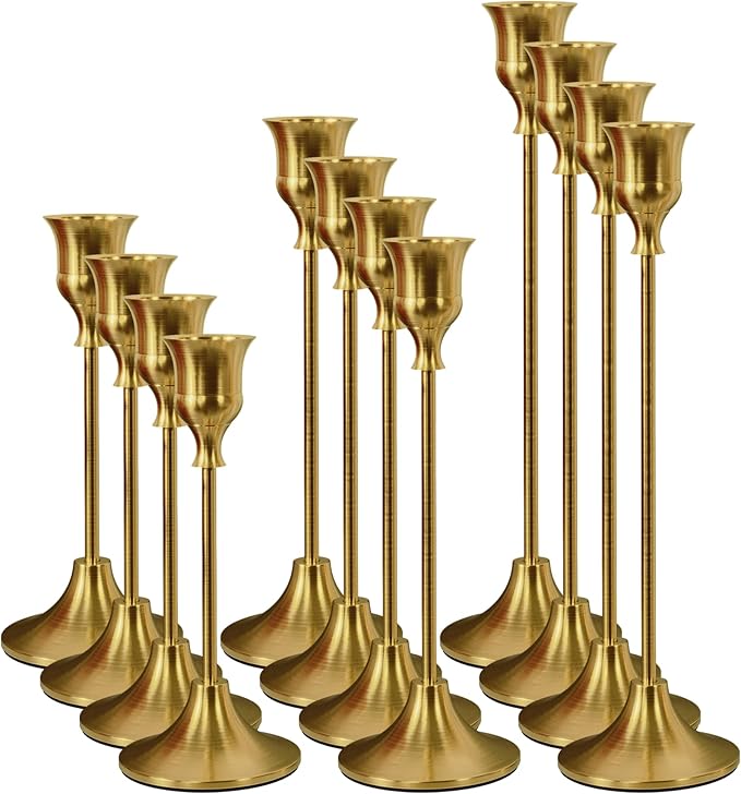 NLBTW Set of 12 Brass Gold Taper Candle Holders, Candlesticks Holders Bulk, Vintage Candlestick Holder Decorative Metal Candle Sticks Home Decor Centerpieces for Table Mantel Festive Decorations