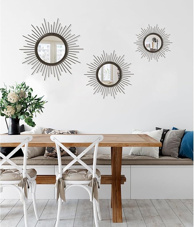 Large Spoked Sunburst Wall Mirror Boho Home Decor Round Wall Art Mirror Modern Metal Mirrors for Wall Living Room Vanity Bathroom Bedroom Hallway Balcony Entryway 16"