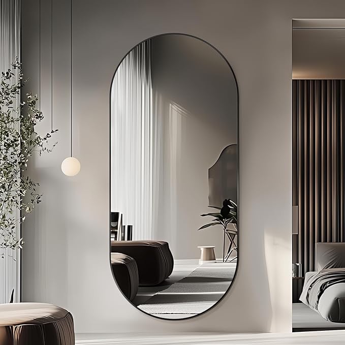 Oval Full Length Mirror, 71"×32" Wall-Mounted Floor Mirror with Metal Frame, Ultra-Clear Explosion-Proof Dressing Mirror, Simple and Classic Deco for Cloakroom/Bedroom/Living Room, Black
