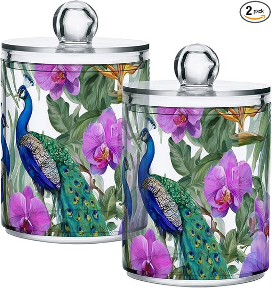 2 Pack Apothecary Jars Purple Flowers Peacocks Bathroom Vanity Storage Organizer Set,Small Clear Plastic Storage Jars Bathroom Canister for Cotton Swabs, Rounds, Balls, Qtips,Makeup Sponges, Fl