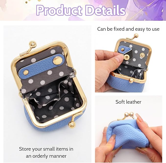 Genuine Leather Mini Jewelry Box Portable Vintage-Inspired Leather Small Coin Purse Jewelry Organizer Case Mini Travel Ring Box with Kiss Lock for Women Earring Ring Necklace