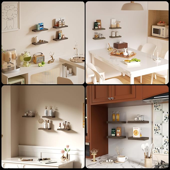 Floating Shelves for Wall, Bathroom Shelves Over Toilet, Wall Shelves & Book Shelf, Hanging Shelf, Modern Wooden Wall-Mounted Small Floating Shelves, 12x7x1.5 in (Smoke Gray, Set of 4)