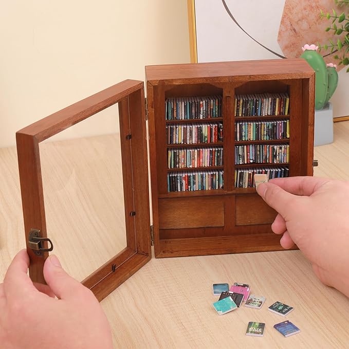 Anxiety Miniature Bookshelf with 200pcs Mini Books,Get rid of Your Anxiety Miniature Book Display Cabinet, Stress-Relief Bookshelf for Home Office Decor (Brown)