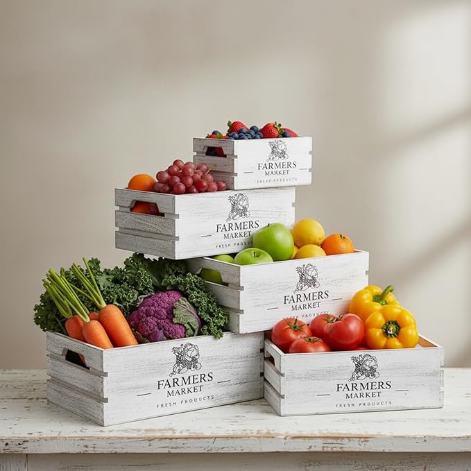Barydat Set of 5 Wood Crates for Display Decorative Nesting Wooden Crate Storage with Handles Vintage Farmhouse Style Decorative Boxes Multipurpose Fruits Vegetables Boxes (Rustic White,Elegant)