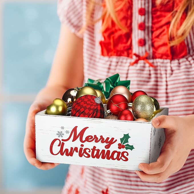 Namalu Christmas Hot Cocoa Bar Storage Box Wooden Crate with Handles Hot Cocoa Decorative Rustic Farmhouse Wood Basket Christmas Wood Storage Bins Organizer Bucket for Xmas Candy Dish Home(White)