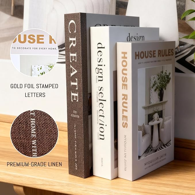 Set of 3 Decorative Books for Home Decor – Faux Designer Book Boxes with Hidden Storage for Coffee Table, Bookshelf or Aesthetic Room Decor