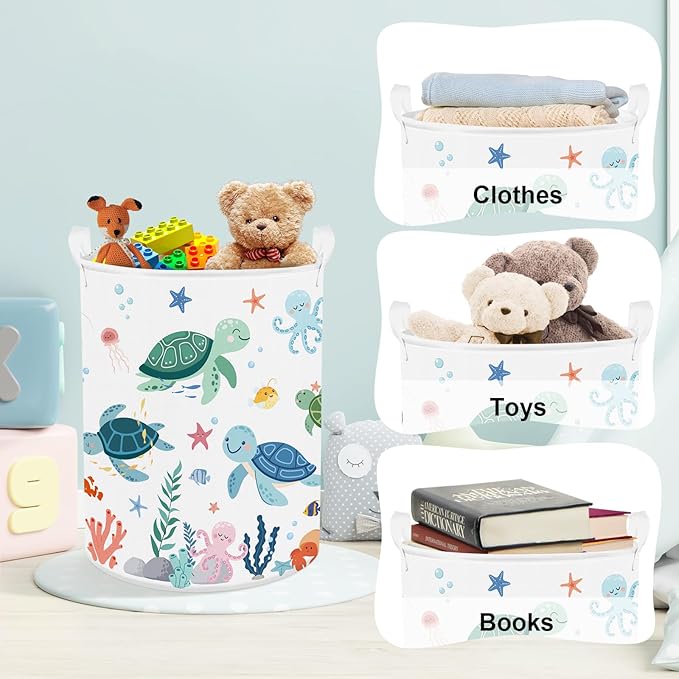 Clastyle Adorable Ocean Animals Kids Book Storage Basket Sea Turtle Clothes Laundry Basket Parents Gift Toy Box for Bedroom Shower, Green Turtle, 36x45 cm