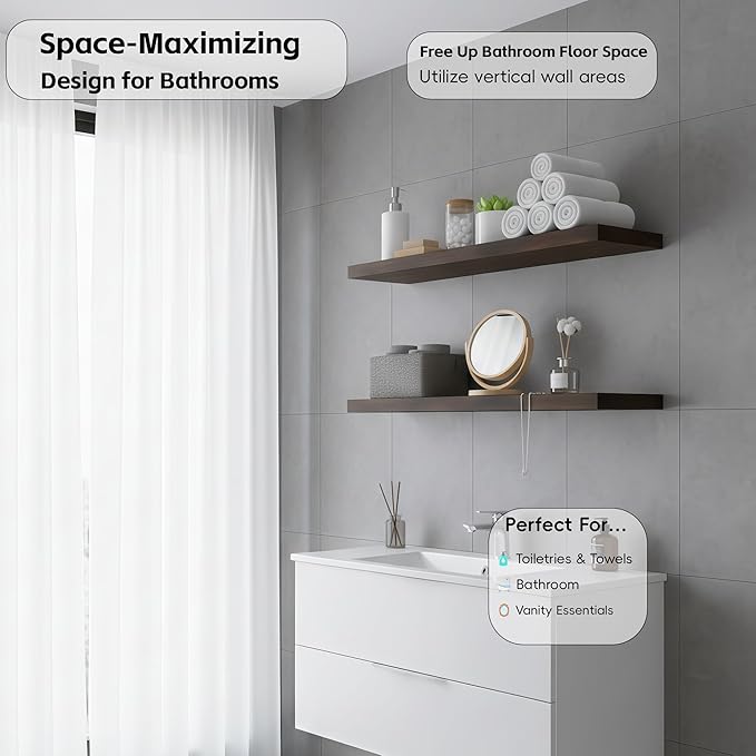 Lufia Floating Wall Shelves, Set of 2, MDF with Invisible Brackets, Modern Storage for Bedroom, Bathroom, Living Room, Kitchen (Rustic Brown, 24" W x 7" D x 1.5" H)