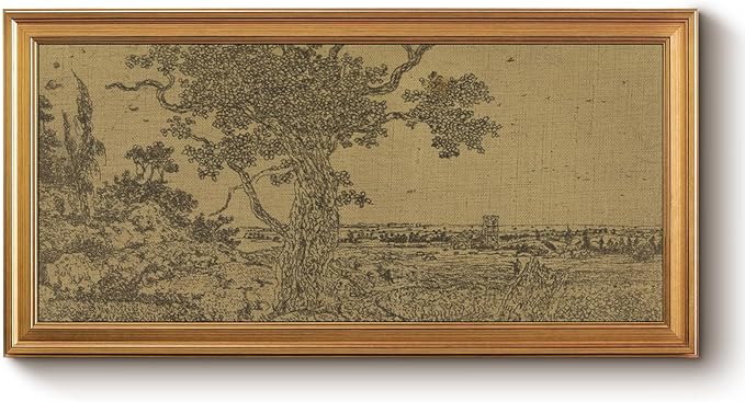 Bzstyleart Vintage Wall Art Decor, Large Canvas Framed Wall Art, Landscape Painting Picture Farmhouse, Large Canvas Artwork for Bedroom Home Decoration Aesthetic, Field Tree, 20 x 40 Inch