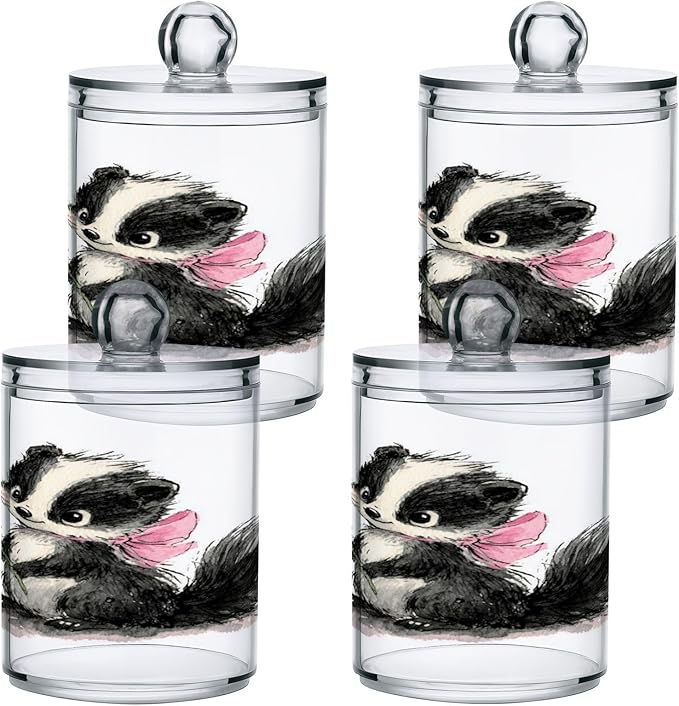 2 Pack Apothecary Jars,Cute Skunk Holding Flower Bathroom Vanity Storage Organizer Set,Small Clear Plastic Storage Jars Bathroom Canister for Cotton Swabs,Rounds,Balls,Qtips,Makeup Sponges