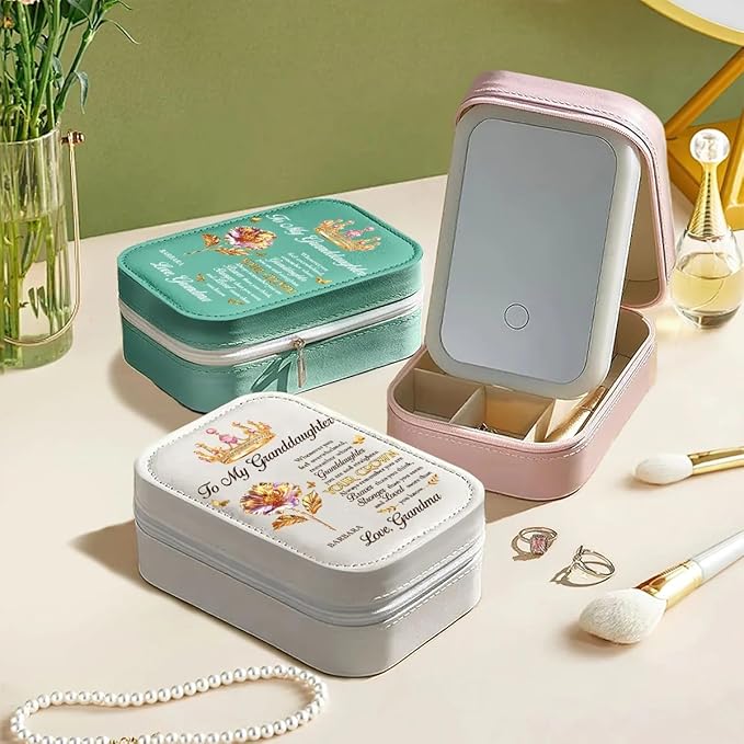 Straighten Your Crown - Personalized Custom Jewelry Box With LED Mirror - Remember Whose Granddaughter You Are Encouragement Jewelry Box, Appreciation Thank You Gifts for Granddaughter on Christmas