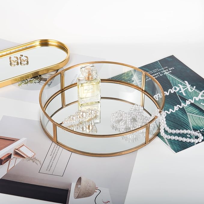 Feyarl Gold Round Clear Glass Mirror Perfume Display Decorative Tray Make up Vanity Jewelry Organizer Tray Ornate Cosmetic Tray for Home Decor Dresser Tabletop Countertop