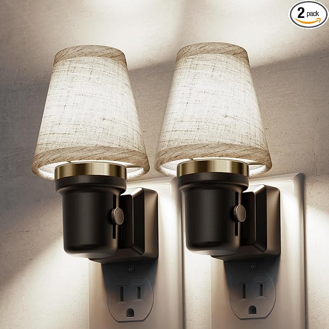 L LOHAS LED Night Lights Plug into Wall, 2 Pack Linen Fabric Round Platform Decor Night Light, Dusk to Dawn Sensor Vintage Nightlight, 5000K Daylight 0-100LM Dimmable, for Bedroom Living Room Hallway
