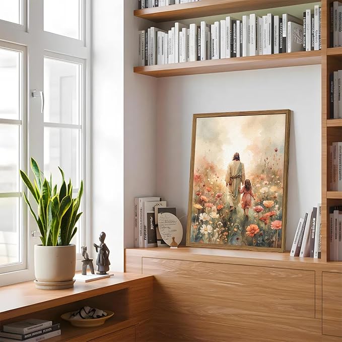 Jesus and the Girl Wall Art, Religious Jesus Painting Wall Decor Christ our Savior 3D Textured Hand Drawn Sandstone Christian Artwork for Living Prayer Room Bedroom 24x36 inch Wood Framed