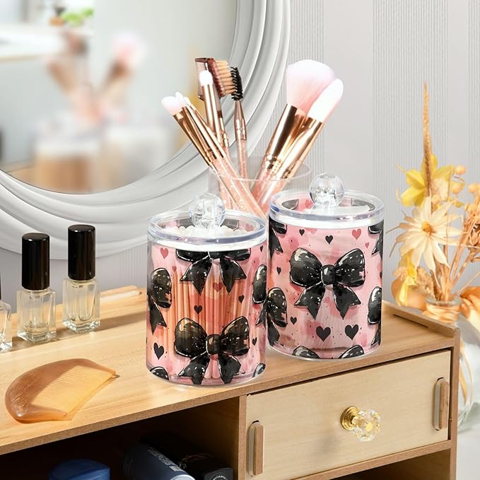 4 Pack Qtip Holder Dispenser Black Bow Heart Pink Cotton Ball Cotton Swab Round Pads Floss Clear Bathroom Storage Containers Plastic Apothecary Jars with Lids