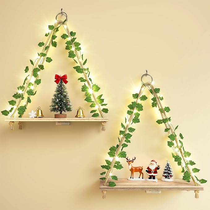 Fixwal Artificial Ivy LED-Strip Floating Shelves Set of 2, Macrame Hanging Shelves Plant Wall Decor, Rustic Boho Wood Wall Storage Shelves for Bedroom, Living Room, Bathroom Decor (Rustic Brown)