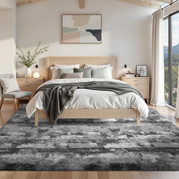 Area Rugs for Living Room 8x10 Feet, Soft Fluffy Shagg Plush Bedroom Rug Non-Slip,Large Carpet for Nursery Kids Dorm Home Decor Grey White