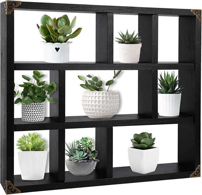 17.7x15.7-Inch Shadow Box Shelf 9-Slot Rustic Floating Shelves Larger Wall Mounted Shelf Lightweight Solid Wood Display Freestanding Farmhouse Shelf (Set of 2,9C-Classic Black)