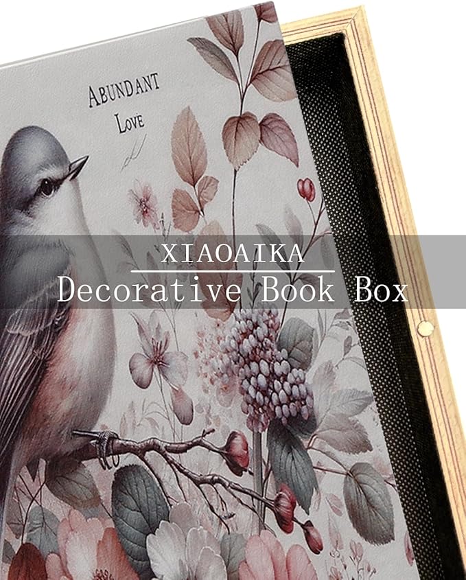 Decorative Wooden Book Box - Vintage Faux Book Boxes for Home Decor, Secret Storage with Magnetic Closure, Antique Style, Bird Pattern Leather Cover, Perfect for Home Office Bookshelf 10x7x1.6 Inches