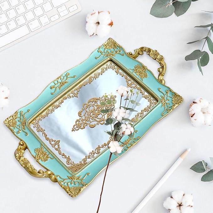 French Style Decorative Mirror Tray, Dresser Counter Coffee Table Jewelry Perfume Organizer for Makeup Jewelry (Green)