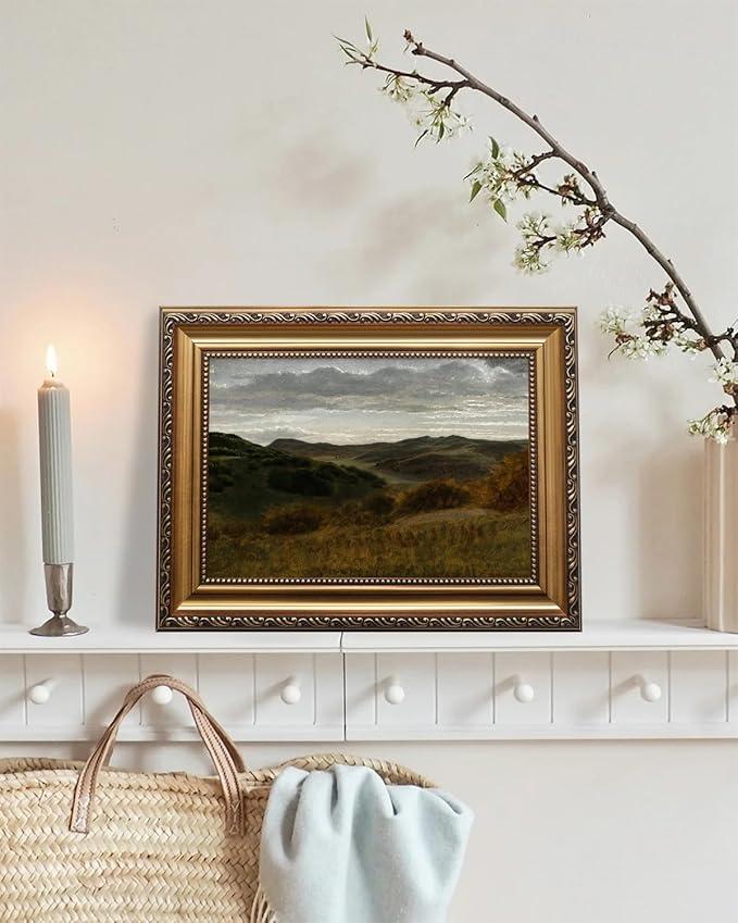 KBKBART Gold Framed Vintage Landscape Wall Art Home Decor, Retro Mountain Vintage Painting Prints, Moody Countryside Farmhouse Landscape Wall Decor, Canvas Wall Art for Living Room Bedroom Home Bathroom Wall Decor-9"x12"