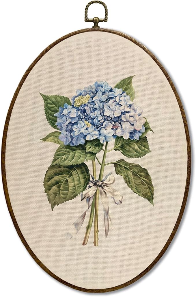JQF Blue Hydrangea Floral Oval Wall Decor, Rustic Cottagecore Floral Oval Canvas Wall Art, Neutral Botanical Antique Flower Framed Prints Hanging Decor for Home Bedroom Living Room, 8.5x11.5 Inch