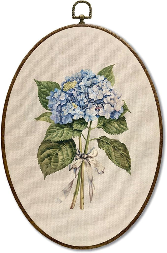 JQF Blue Hydrangea Floral Oval Wall Decor, Rustic Cottagecore Floral Oval Canvas Wall Art, Neutral Botanical Antique Flower Framed Prints Hanging Decor for Home Bedroom Living Room, 8.5x11.5 Inch