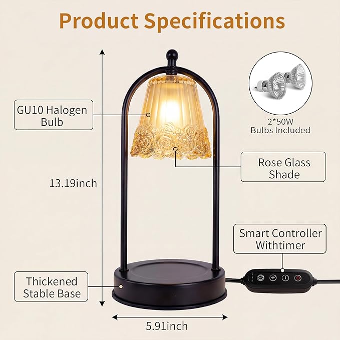 Vintage Rose Candle Warmer Lamp with Timer & Dimmer - Portable Iron Base, Amber Glass Shade, 2 Bulbs Included - Electric Wax Melter for Home Decor (Rose)