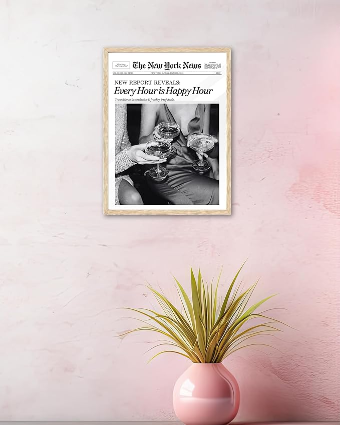 iHery Every Hour is Happy Hour Small Framed Trendy NewsPaper Wall Art, Natural OAK Wood 8x10in Canvas Wall Decor For Bedroom, Retro News Prints Posters for Girl Dorm Living Room Home 1Pack
