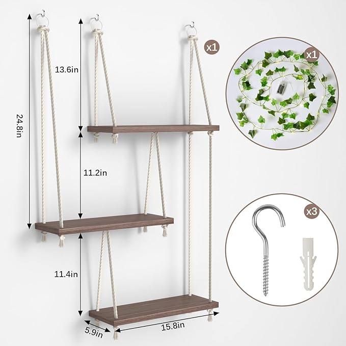 REFGY Hanging Shelves for Wall with Vine Lights, 3 Tier Rope Wall Hanging Plant Shelf, Boho Wall Decor Aesthetic for Succulents, Bedroom, Living Room, Bathroom (Rustic Brown)