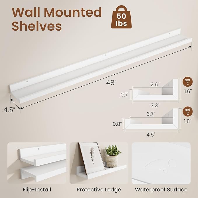 Heimlove Picture Ledge Shelf,48 inch Long Floating Shelves for Wall Set of 4,White Picture Shelf with Lip for Wall Decor,Living Room,Bedroom,Bookshelf,Nursery,Perfume