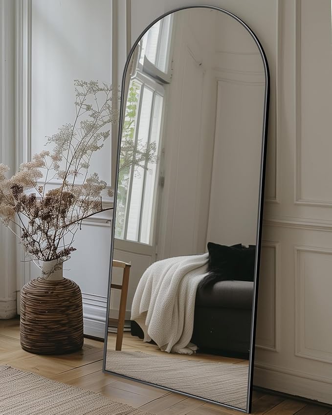Antok Full Length Mirror, 21"x58" Floor Mirror with Stand, Hanging Mounted Mirrors for Bedroom, Living Room, Cloakroom, Dining Room, Black, Arched