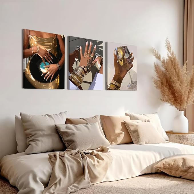 Black Girl Wall Art Set of 3, Gold African American Woman Wall Decor Painting Black People Canvas Poster Prints Pictures Aesthetics for Living Room Bedroom Dorm Framed 16x24 inch