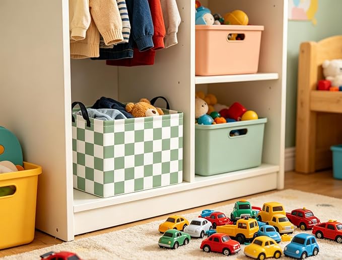 HIYAGON Rectangular Kids Basket Baby Girl Basket Fabric Storage Bin Organizer Box Room Decor(Green Checkered)