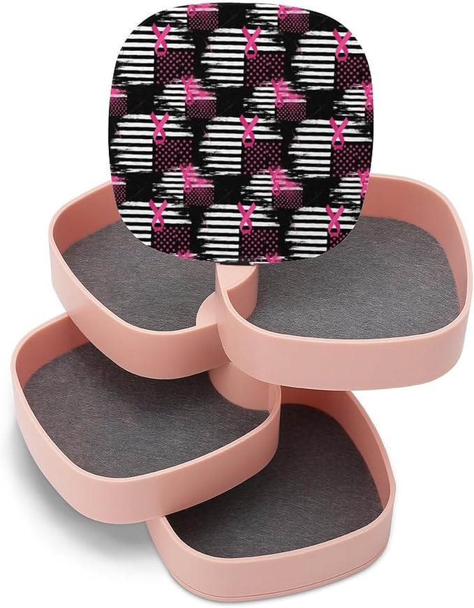4-Layer Rotatable Jewelry Storage Tray with Mirror Breast Cancer Awareness Ribbon Pink American Flag Jewelry Organizer Earring Holder for Women