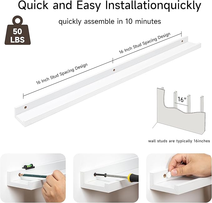 Fun Memories Picture Ledge Shelf, 32 Inch Floating Shelves Set of 2, Large Nursery Book Shelves for Toys Storage, Kids Bookshelf Wall Mounted for Wall Decor Books Photo Frames, White