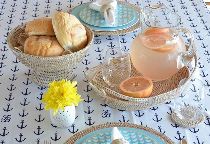 KOUBOO La Jolla Rattan Fruit Bowl, Decorative Kitchen Basket, Wicker Storage Bowl for Fruit, Vegetables, Modern Home Decor, Serving Platter, Small Tray, White Wash
