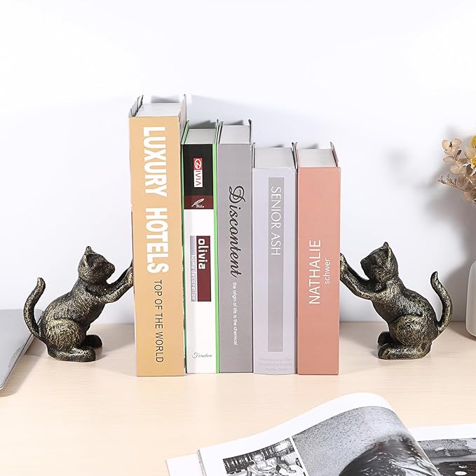 2 Pack Cat Decorative Bookends for Shelf - Cast Iron Book Ends Cute Dog Bookend Support for Home Decor, Heavy Duty Book Stands Vintage Antique Shelf Decor for Reading Enthusiasts or Cat Lovers