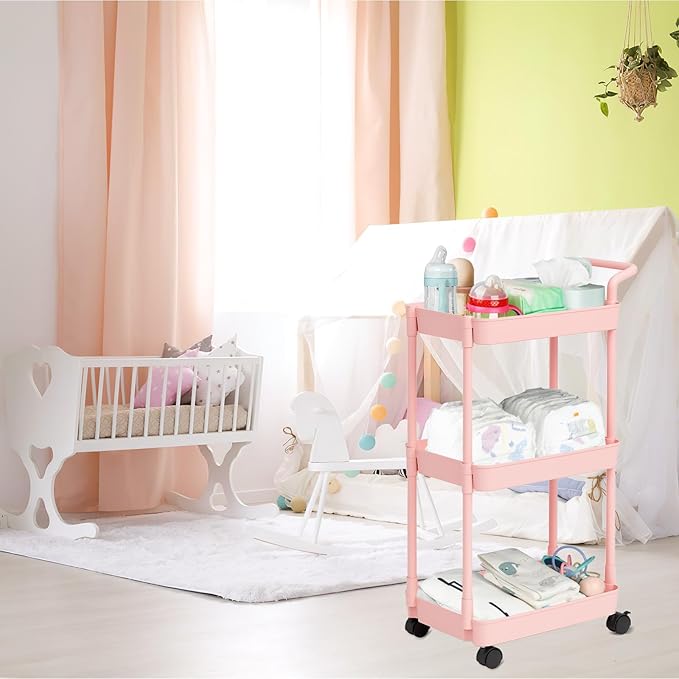 Volnamal Diaper Caddy - Plastic Diaper Organizer for Nursery Essentials, Baby Organizers and Storage, Movable Cart for Changing Table & Crib, Baby Registry Search, Pink