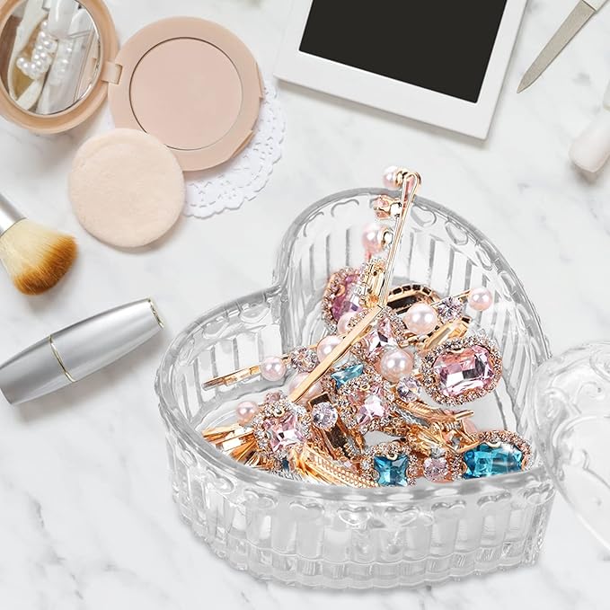 Glass Jewelry Box Heart Shape Cute Box for Storage Ring Earring Trinket Vintage Jewelry Organizer Decorative Gift for Women Girls-GRB003-Transparent
