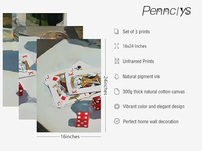 Trendy Bar Cart Wall Art Retro Dice Poker Canvas Wall Decor Preppy Aesthetic Poster Y2k Aperol Spritz Prints Playing Card Pictures for Living Room Apartment Dorm 16x24 Inch Unframed Set of 3