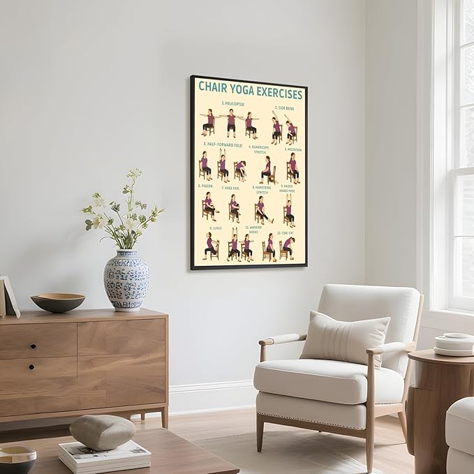 Licpach Chair Yoga Exercises Poster Fitness Instruction Canvas Print Wall Art Wellness Chart for Seniors Over 60 Senior Stretching Workout Guide for Office Desk Home Gym Studio 8x12inch Black Frame